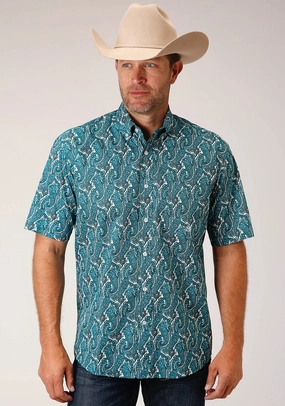 Functional Design Roper Mens Turquoise 100% Cotton Upstream Paisley BD S/S 1 Pkt Shirt
