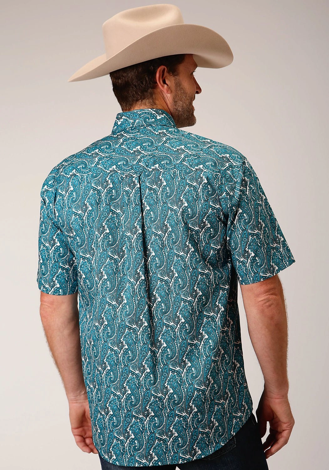 Roper Mens Turquoise 100% Cotton Upstream Paisley BD S/S 1 Pkt Shirt Non Iron