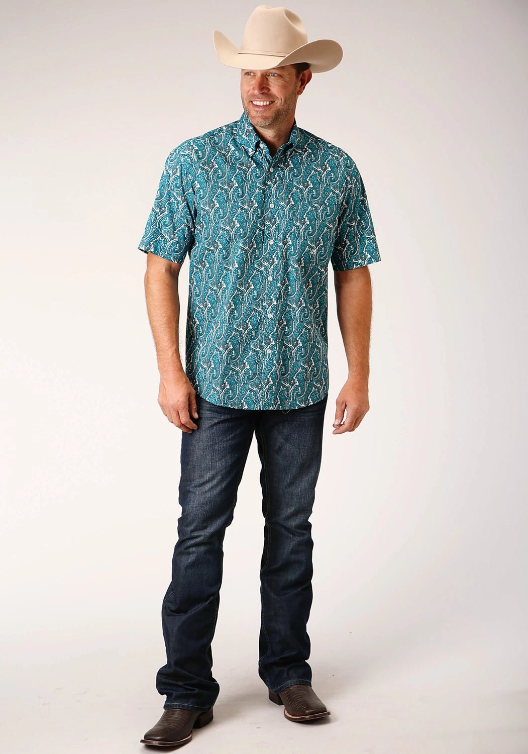 Roper Mens Turquoise 100% Cotton Upstream Paisley BD S/S 1 Pkt Shirt Military Inspired