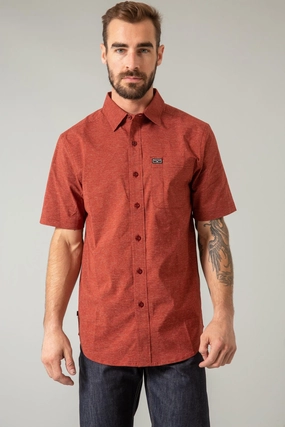 Kimes Ranch Mens Linville Solid Dark Red Cotton Blend S/S Shirt Earthy Hue Weekend Outing