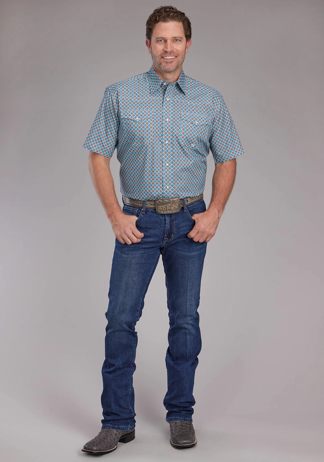 Holiday Gift Roper Mens 2381 Tile Foulard Turquoise 100% Cotton S/S Shirt