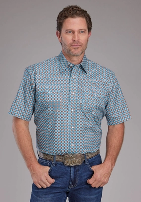 Durable Texture Roper Mens 2381 Tile Foulard Turquoise 100% Cotton S/S Shirt