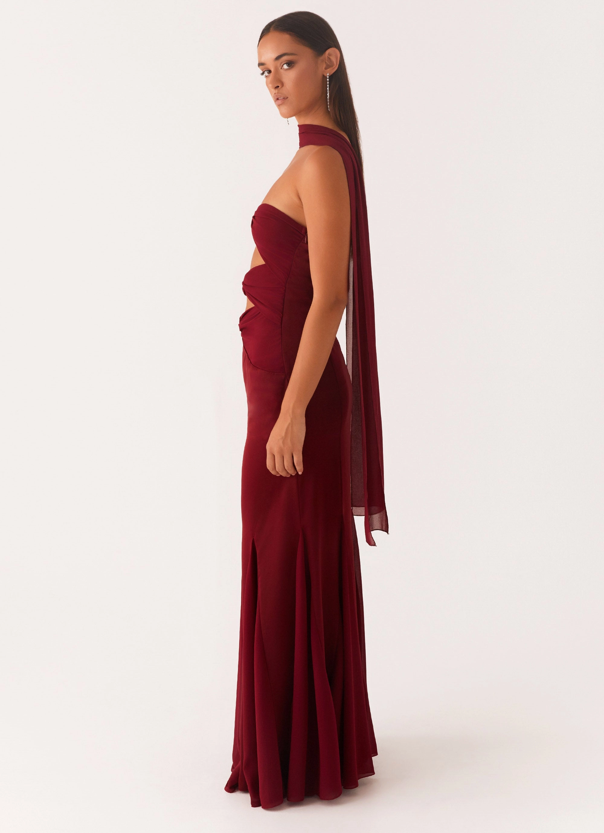 Melrose Satin Chiffon Maxi Dress - Deep Red Elegant Everyday Office Shape