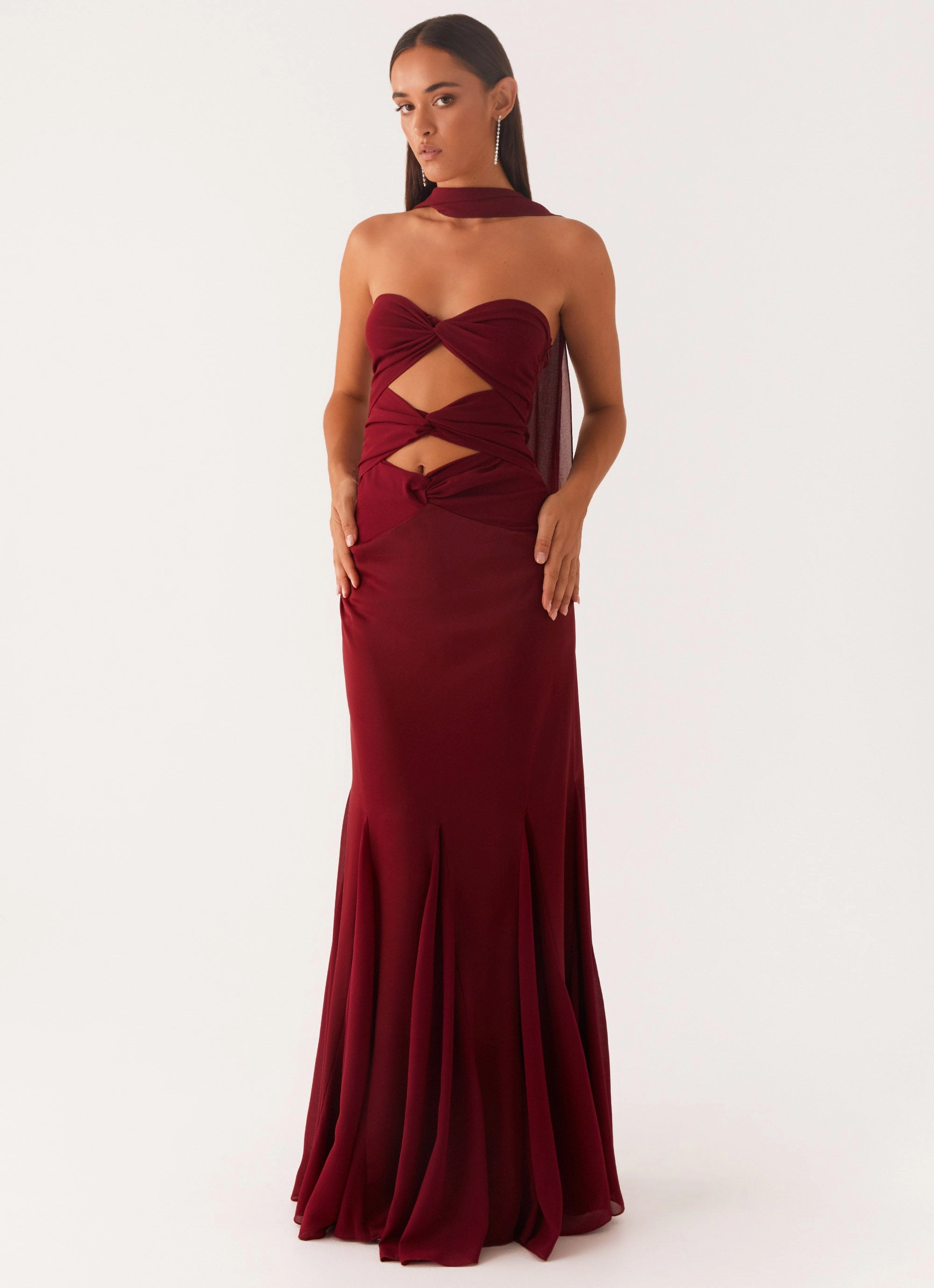 Effortless Layer Wear Melrose Satin Chiffon Maxi Dress - Deep Red