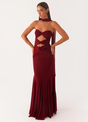 Stylish and Simple Hip-Flattering Melrose Satin Chiffon Maxi Dress - Deep Red