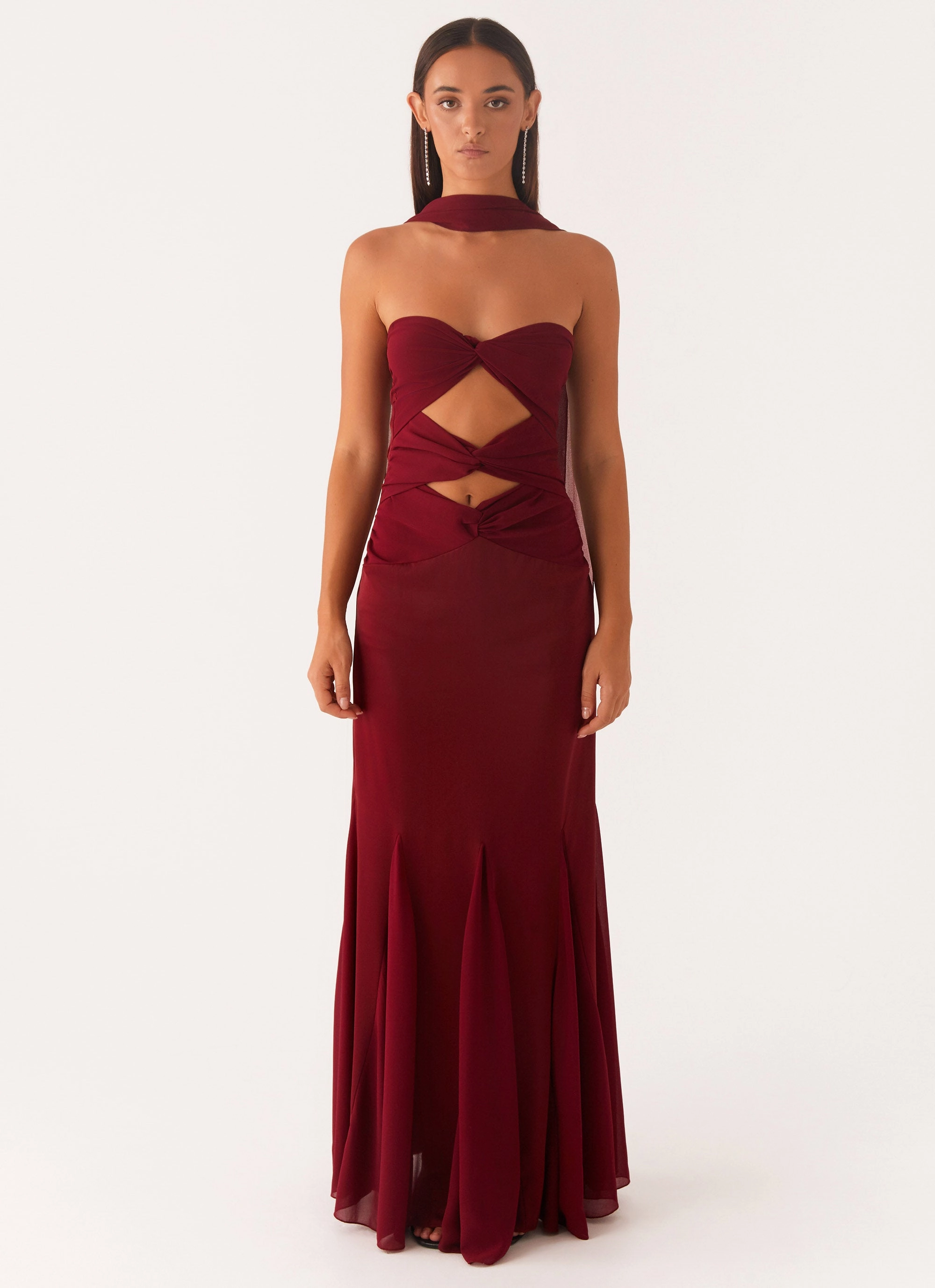 Melrose Satin Chiffon Maxi Dress - Deep Red Subtle Lines Fashionable Comfort Wear