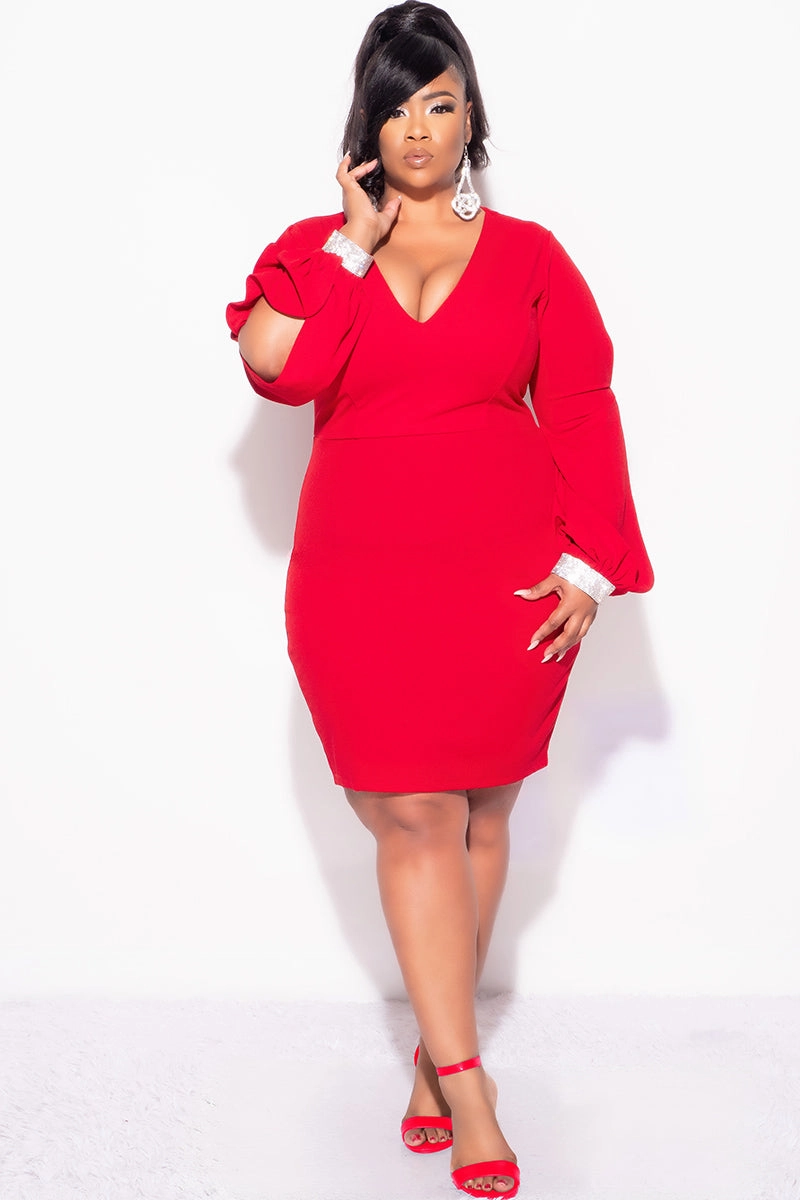 LightReflective ButtonDownCollar Final Sale Plus Size BodyCon Dress with Slit Sleeves and Rhinestone Cuff in Red
