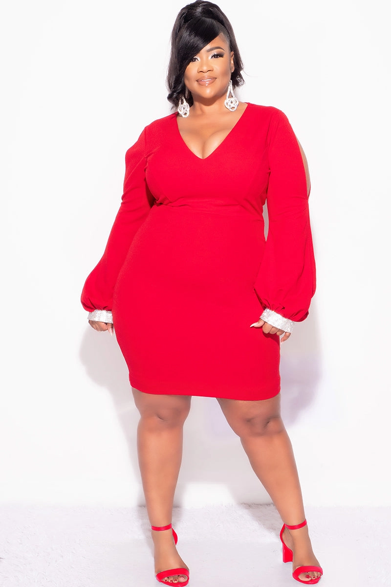 Final Sale Plus Size BodyCon Dress with Slit Sleeves and Rhinestone Cuff in Red Sporty Fit Premium Comfort