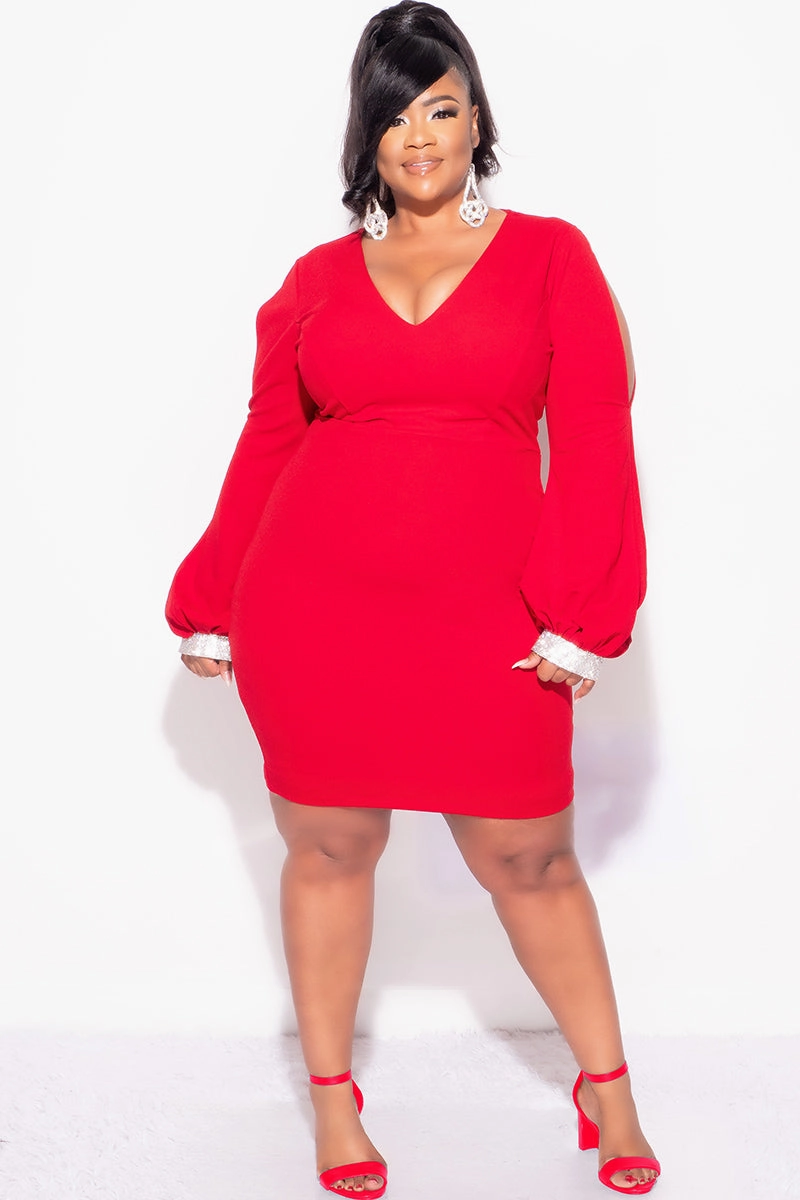 Final Sale Plus Size BodyCon Dress with Slit Sleeves and Rhinestone Cuff in Red NeutralPalette Quick Dry Fabric