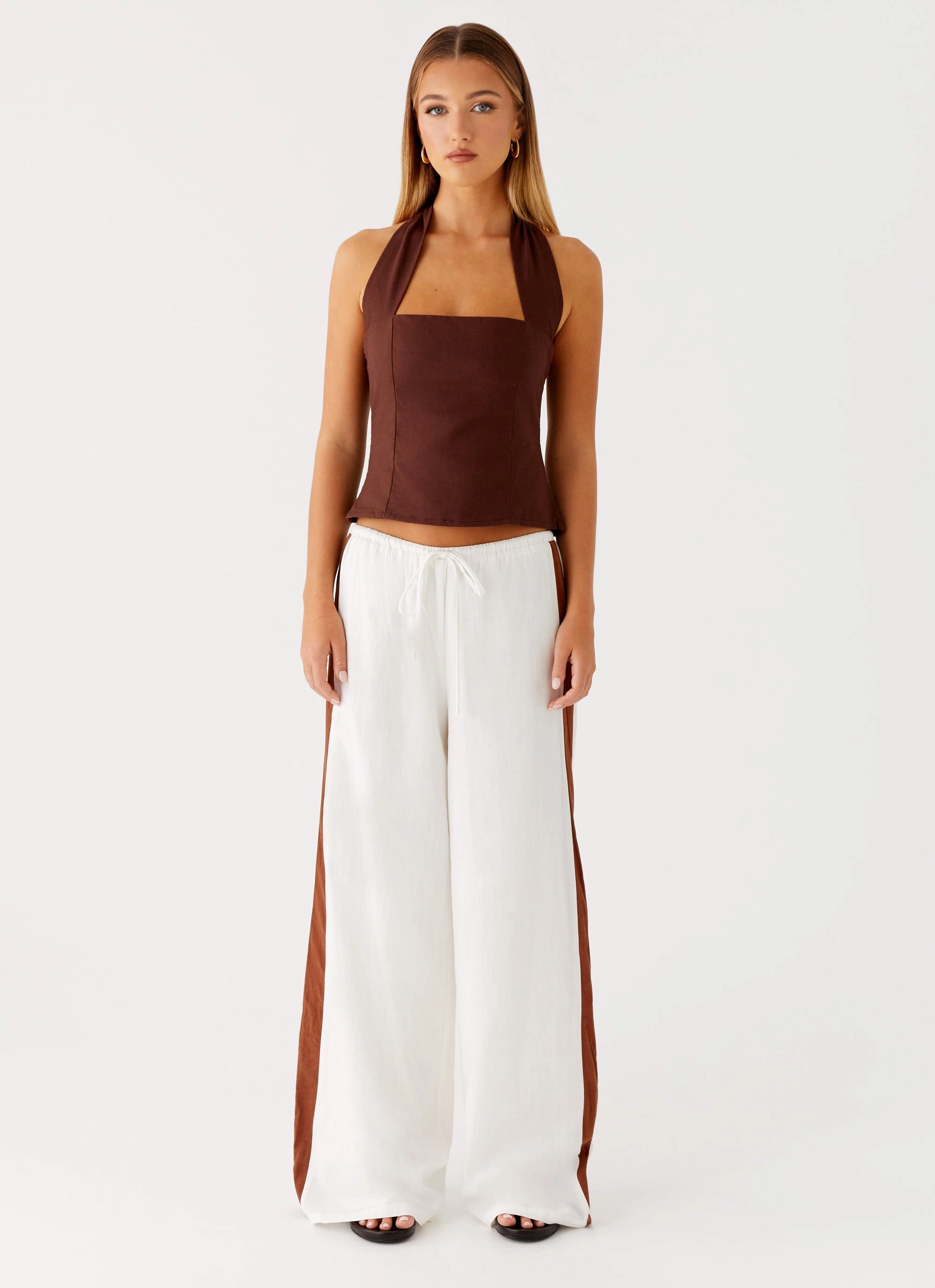 Sunflare Linen Halter Top - Chocolate DoubleStitched Hemming QuickRelease Fastener
