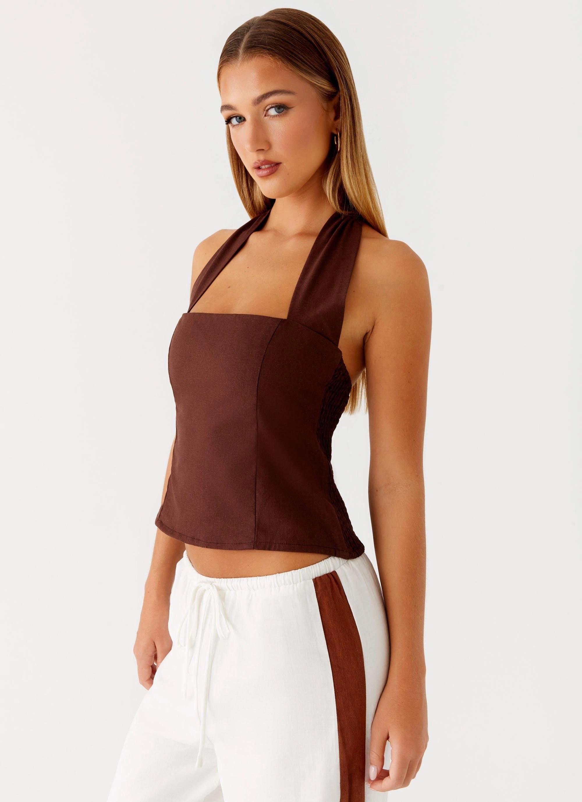 Sunflare Linen Halter Top - Chocolate VentedBack HiddenStoragePocket