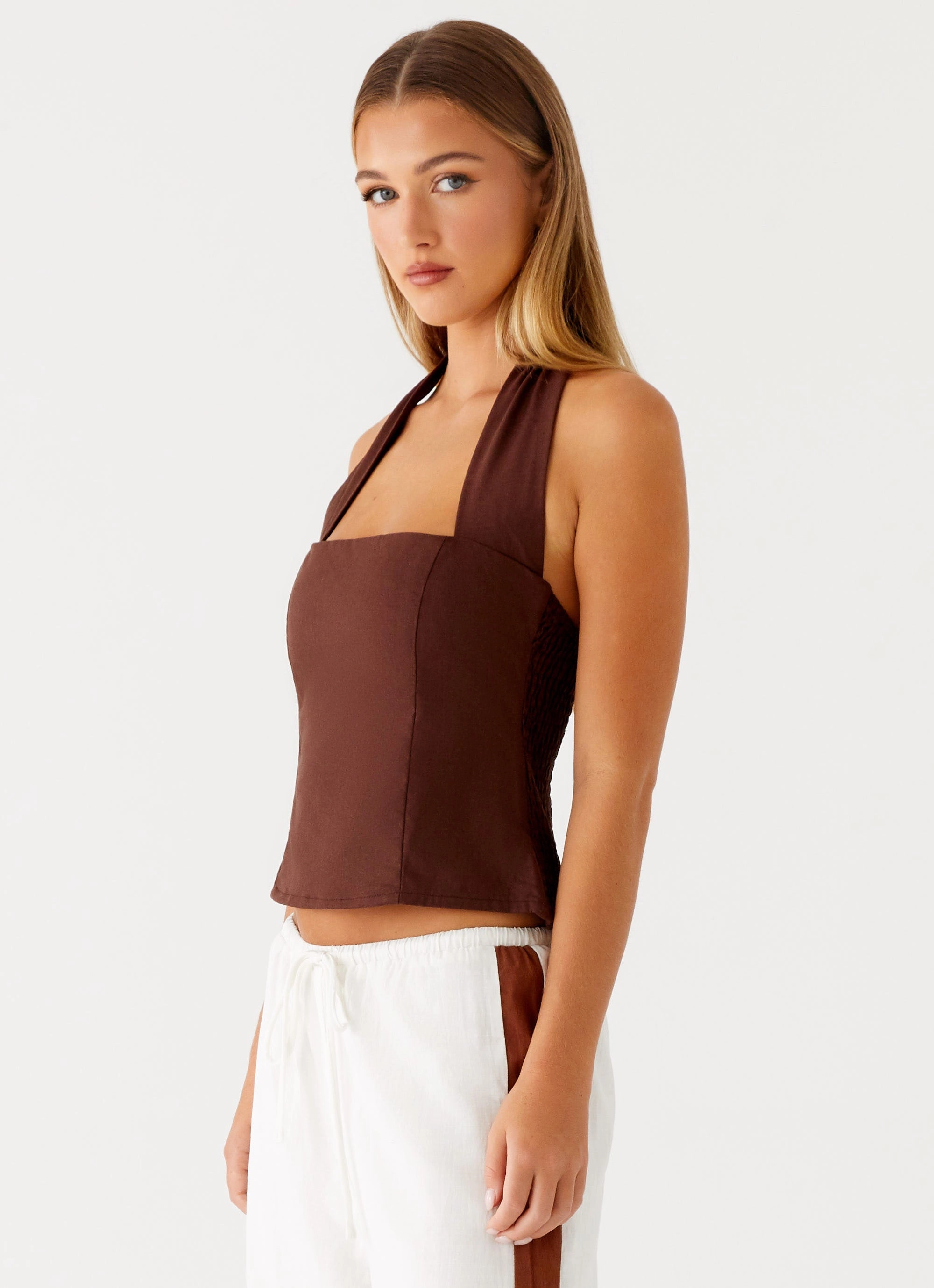 Sunflare Linen Halter Top - Chocolate Casual Long Sleeve