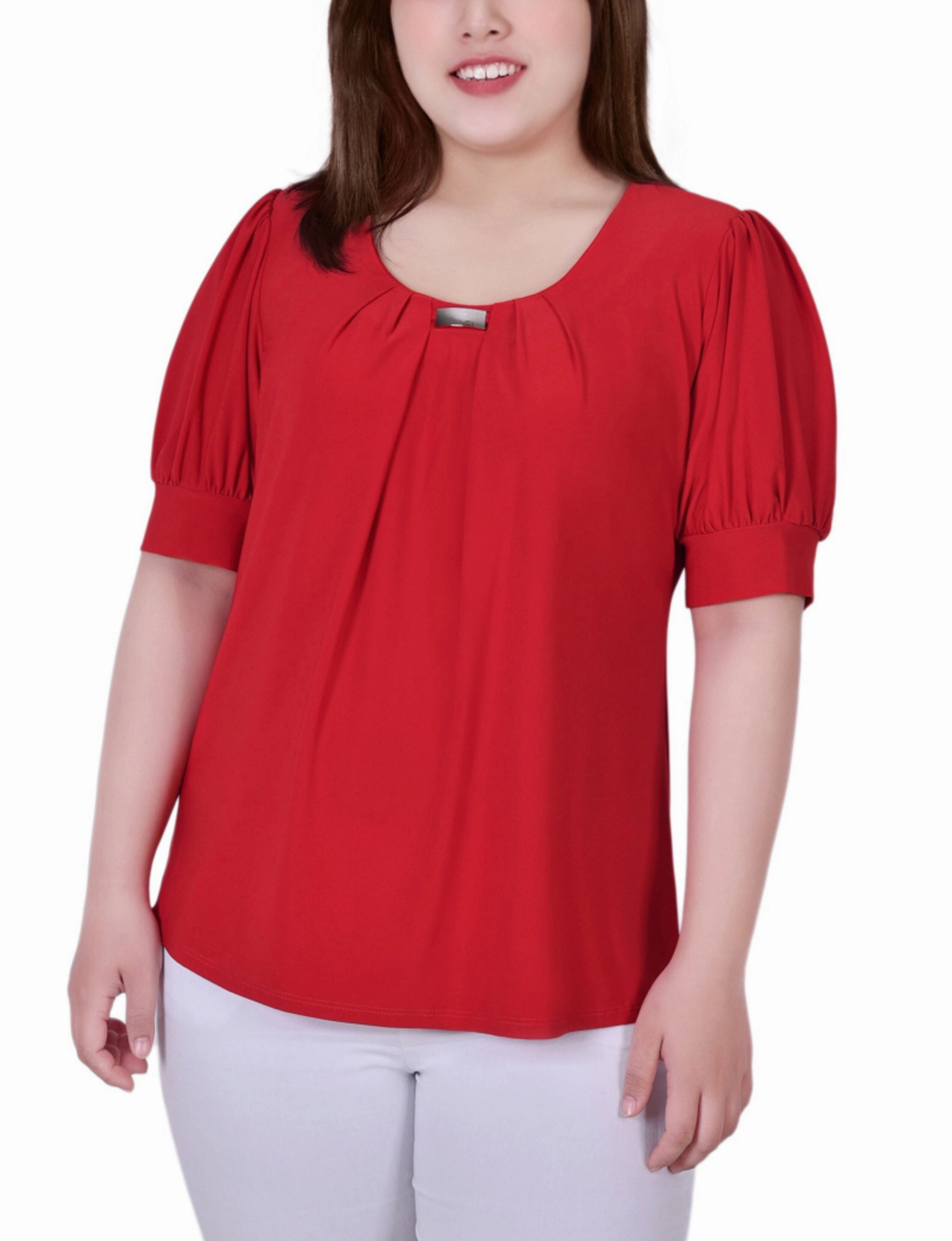VentilatedMeshPaneling HiddenPocket Plus Size Short Sleeve Balloon Sleeve Top With Hardware