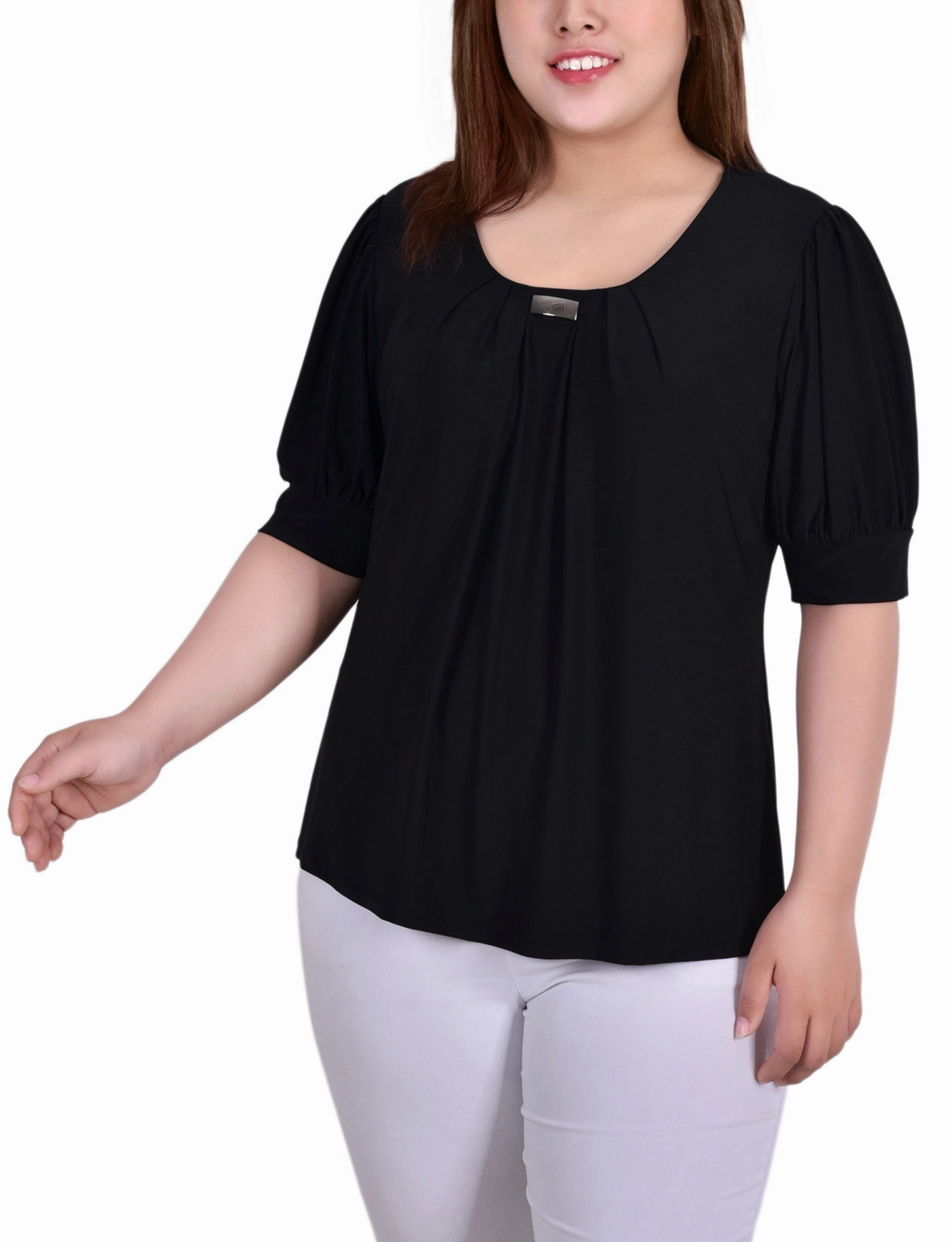 Plus Size Short Sleeve Balloon Sleeve Top With Hardware VNeckReinforcement hypoallergenic material