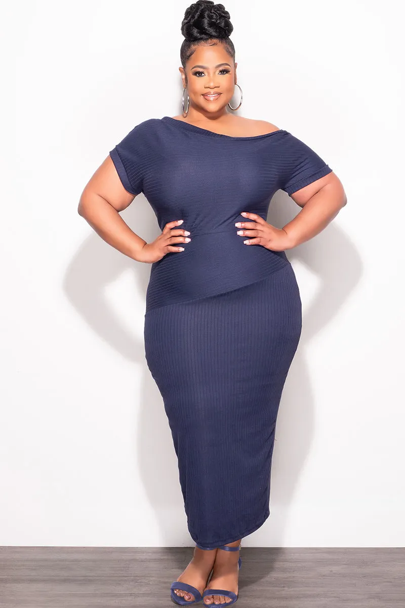 Final Sale Plus Size Off The Shoulder Ribbed Midi Dress in Navy No Chafe