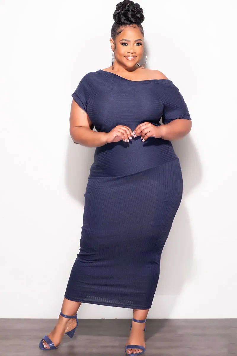 Final Sale Plus Size Off The Shoulder Ribbed Midi Dress in Navy Flexible Activewear Flat Seams