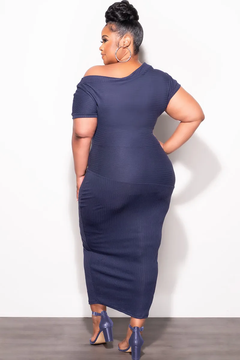 Fashion Comfort Wear RecyclablePackaging Final Sale Plus Size Off The Shoulder Ribbed Midi Dress in Navy