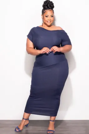 Final Sale Plus Size Off The Shoulder Ribbed Midi Dress in Navy Flexibility Built-In
