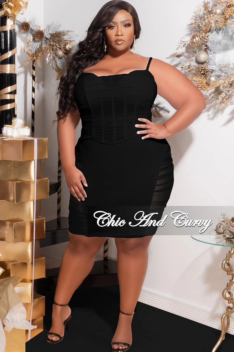 Microfiber texture Layered Panel Construction Final Sale Plus Size Sleeveless Midi Dress with Mesh Sides in Black