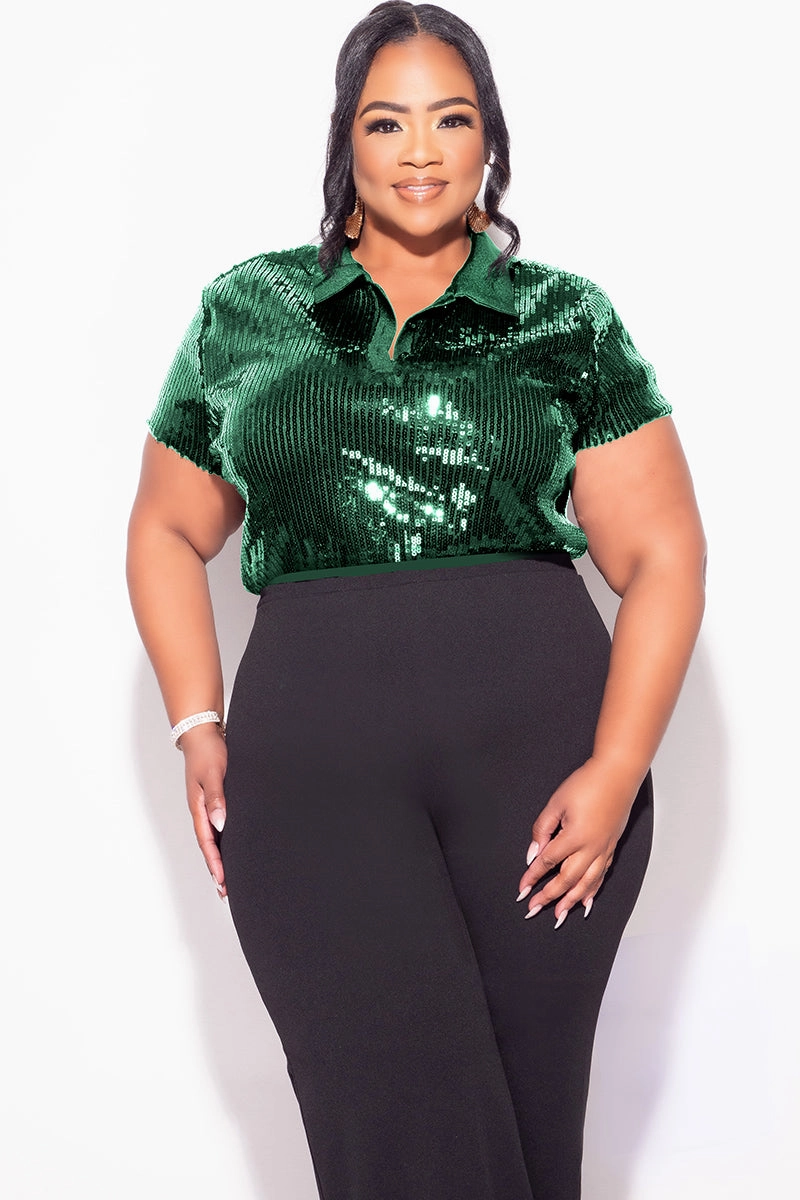 Perfect Comfort Chic Vibes Final Sale Plus Size Collar Sequin Top in Green