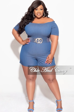 Final Sale Plus Size Romper in Chambray Blue Roll-up style