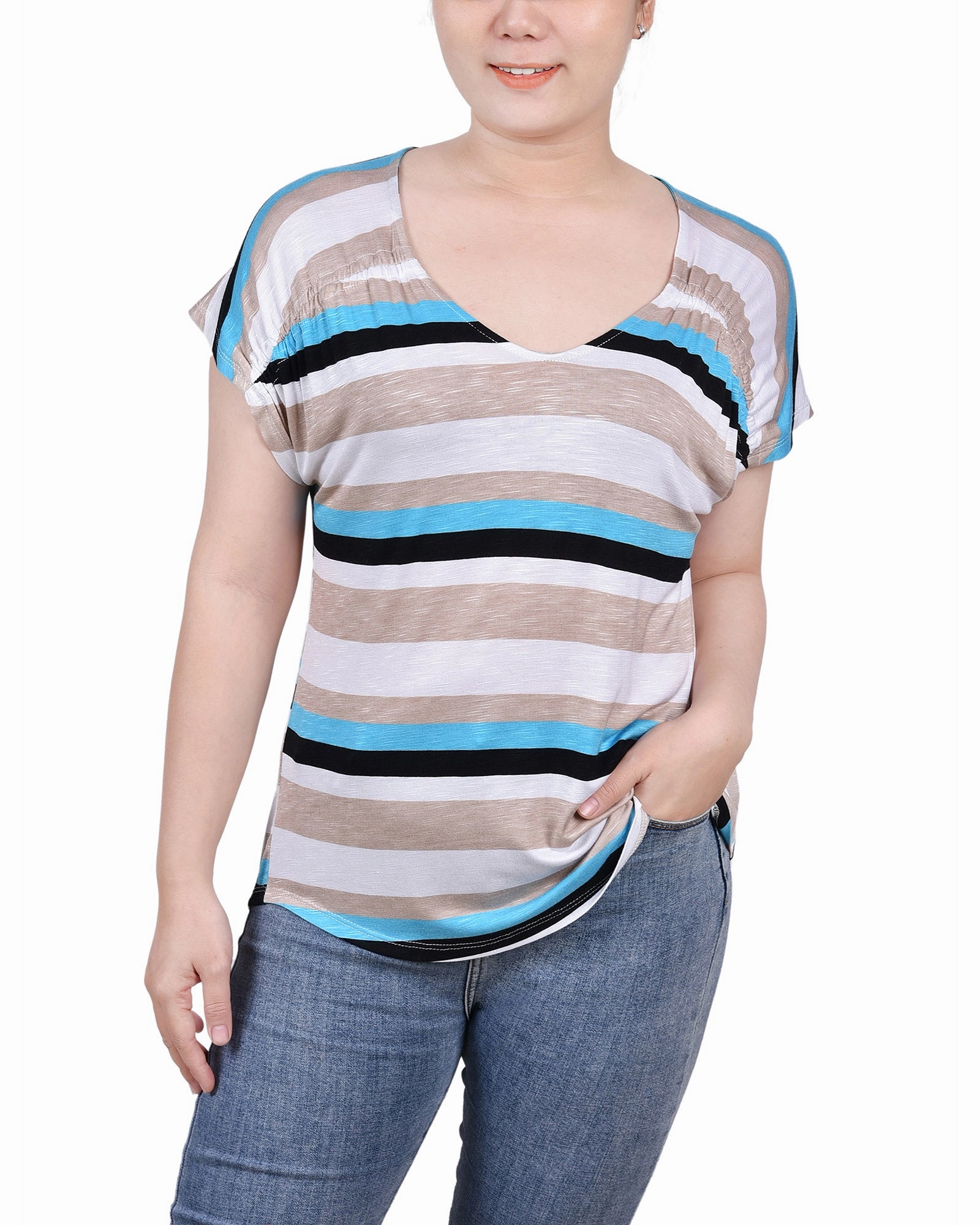 Petite Short Sleeve Striped V Neck Top Textured Weave Pattern