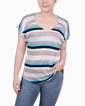 Petite Short Sleeve Striped V Neck Top Adjustable Hem Weighted Hem