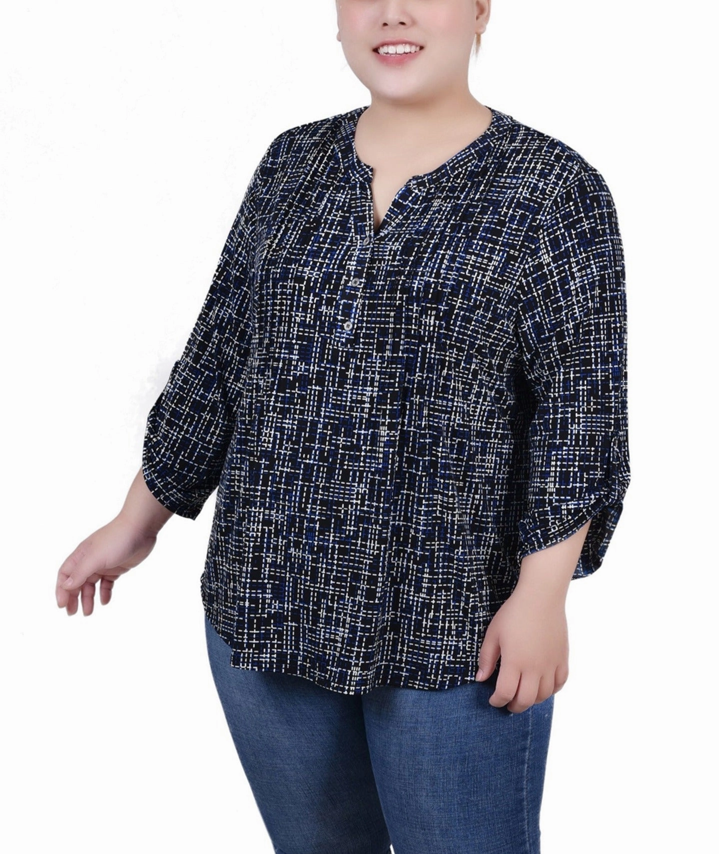 Plus Size 3/4 Roll Tab Sleeve Y Neck Top Contrast Stitch VentilatedMeshPaneling