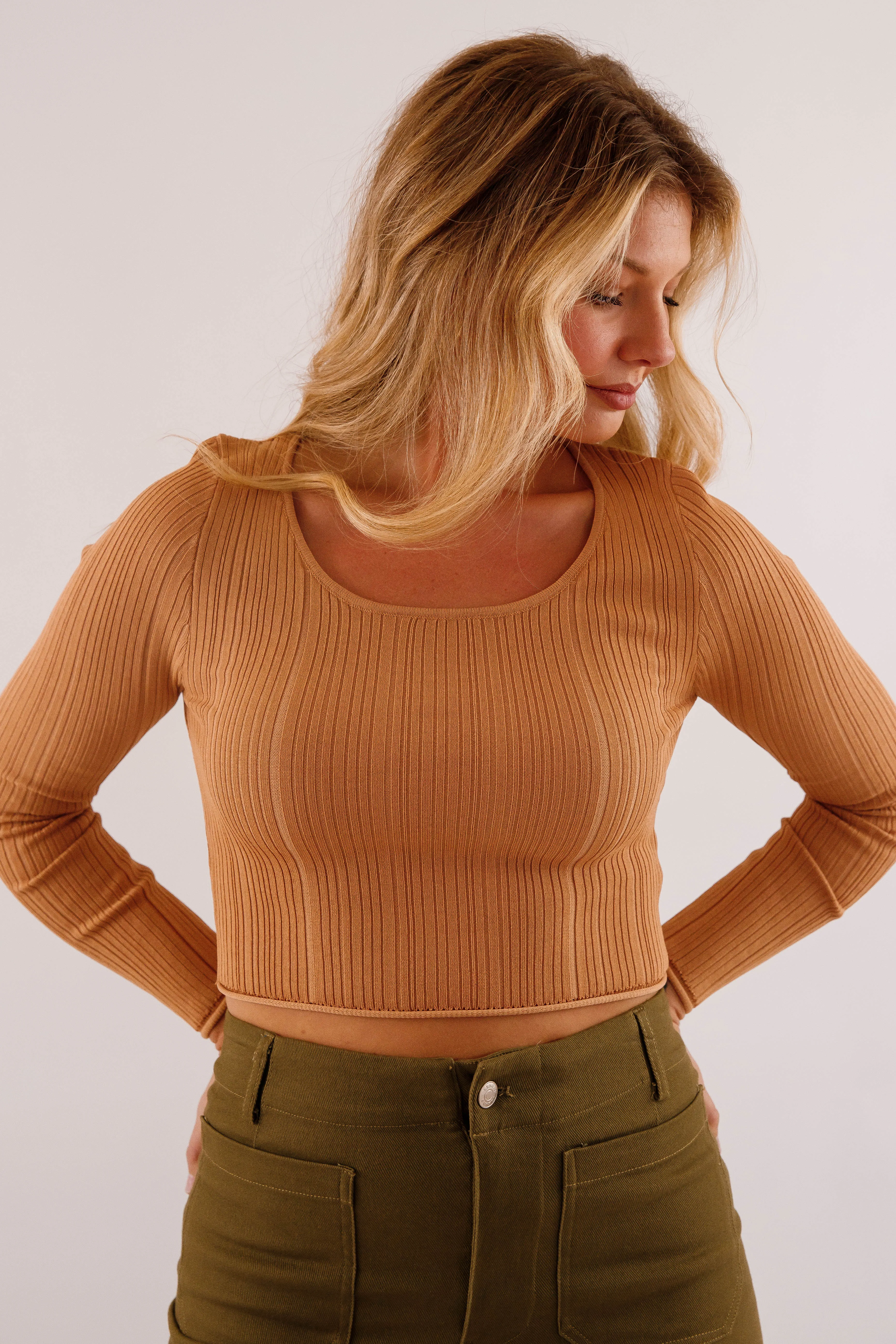 Sweet Sentiments Ribbed Top-Camel Wrinkle Resistant Finish