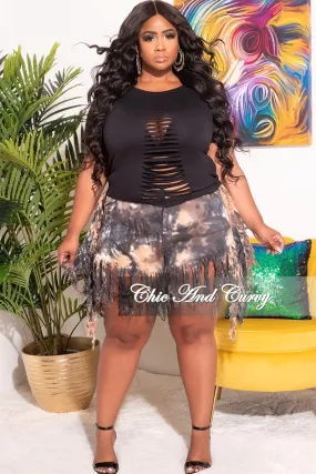 FlexFoamPadding Adjustable Drawcord Final Sale Plus Size Black Tie Fye Denim Fringe Shorts Summer