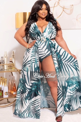 Final Sale Plus Size Playsuit with Open Back & Train in Green/White Palm Print NonChafingLegs