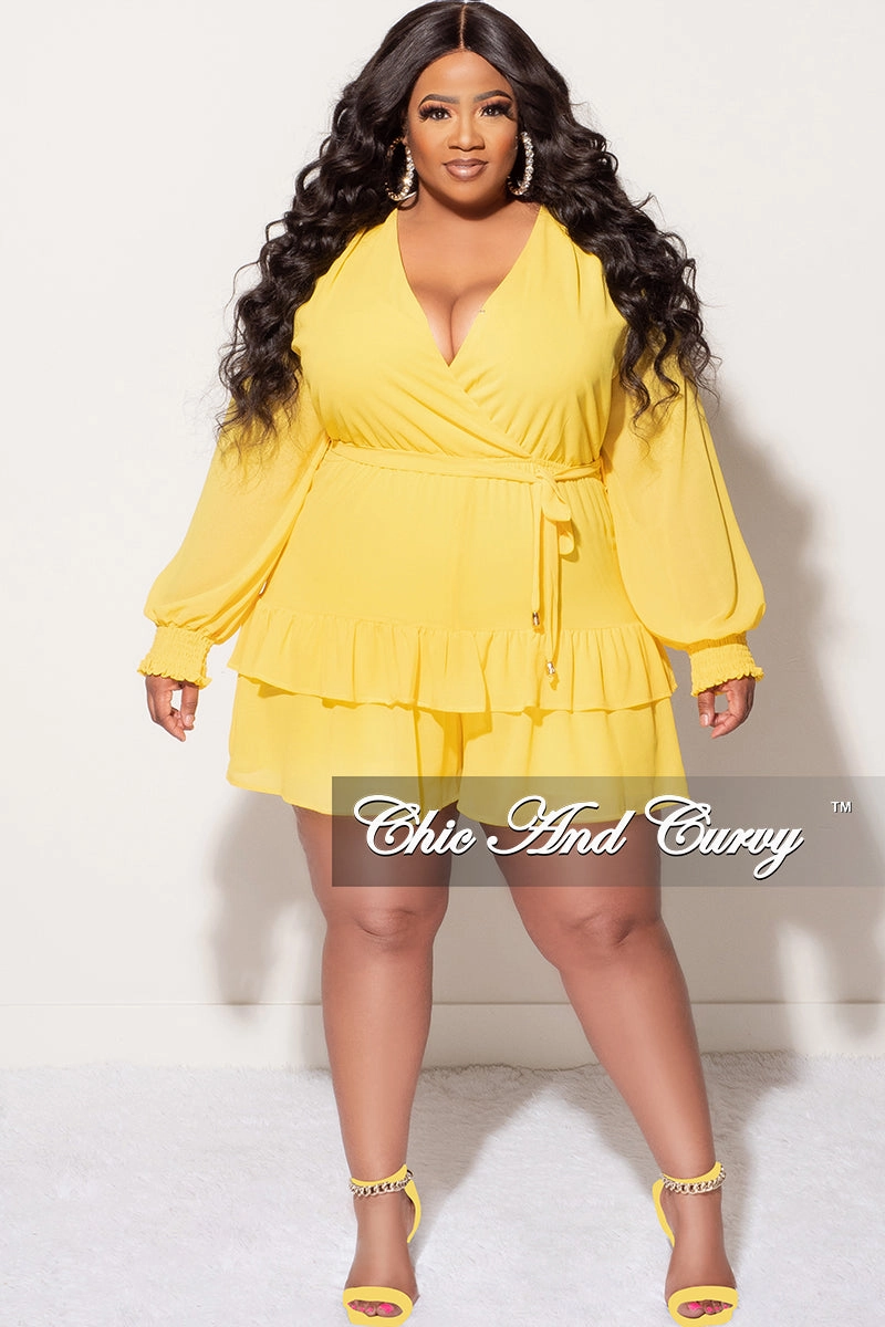 Tapered Look Final Sale Plus Size Surplice Neck Romper in Yellow