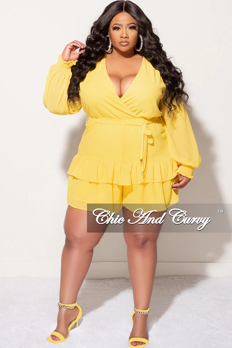 Stylish Fit Soft Interior Final Sale Plus Size Surplice Neck Romper in Yellow