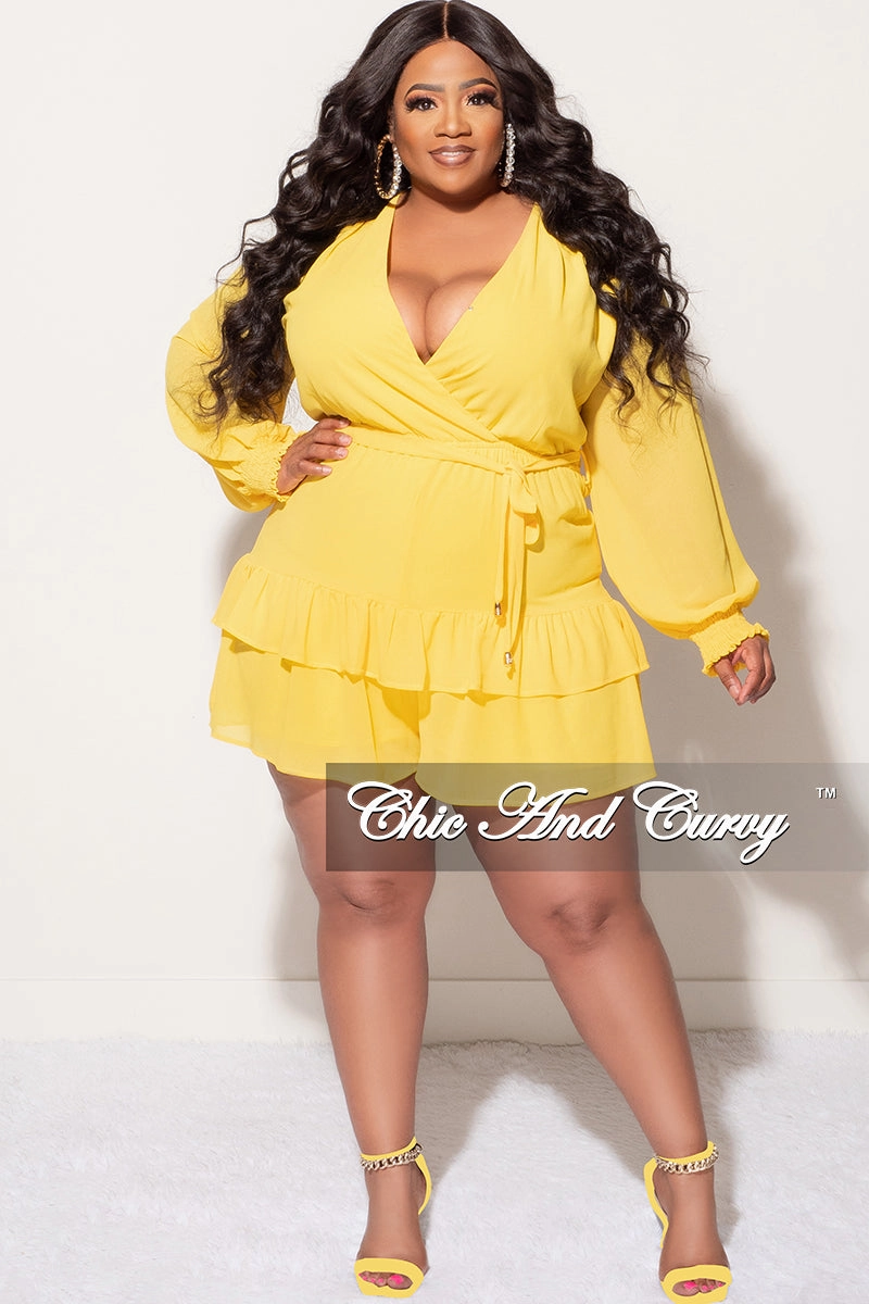 Final Sale Plus Size Surplice Neck Romper in Yellow Low Profile Waistband