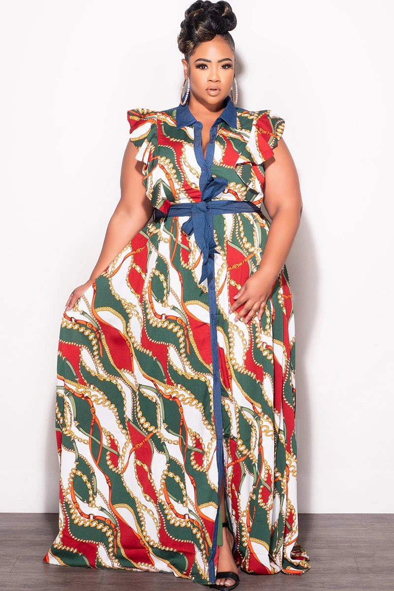Breathable Wear Fit Final Sale Plus Size Tie Maxi Dress in Wine & Green Chain Print Chambray Trim