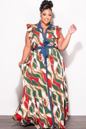 Final Sale Plus Size Tie Maxi Dress in Wine & Green Chain Print Chambray Trim Training Wear Versatile Design