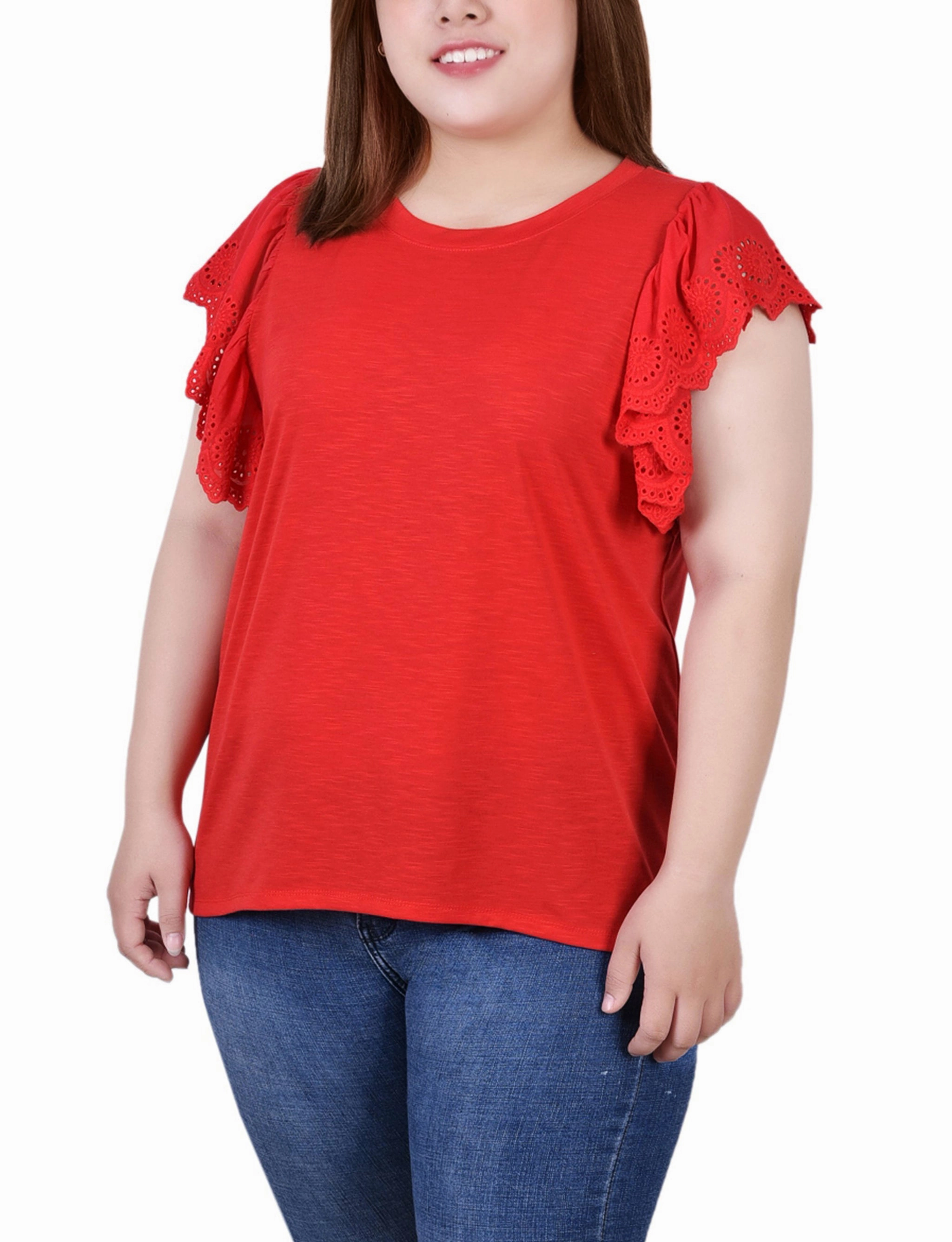 Plus Size Flutter Sleeve Slub Knit Top Soft Inner Lining OdorResistant Treatment
