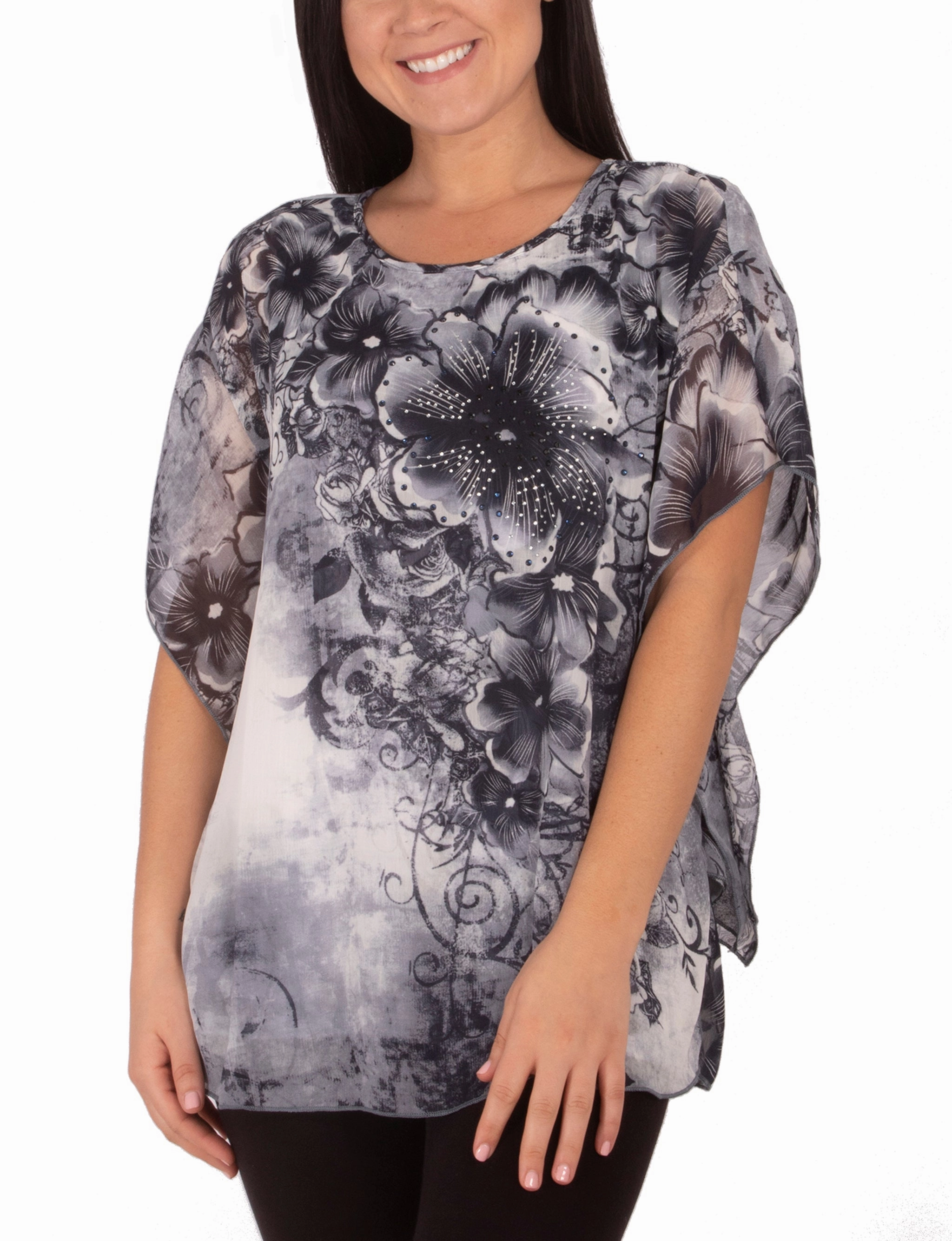 Multi Pocket Configuration Scoop Neck Poncho With Rhinestones