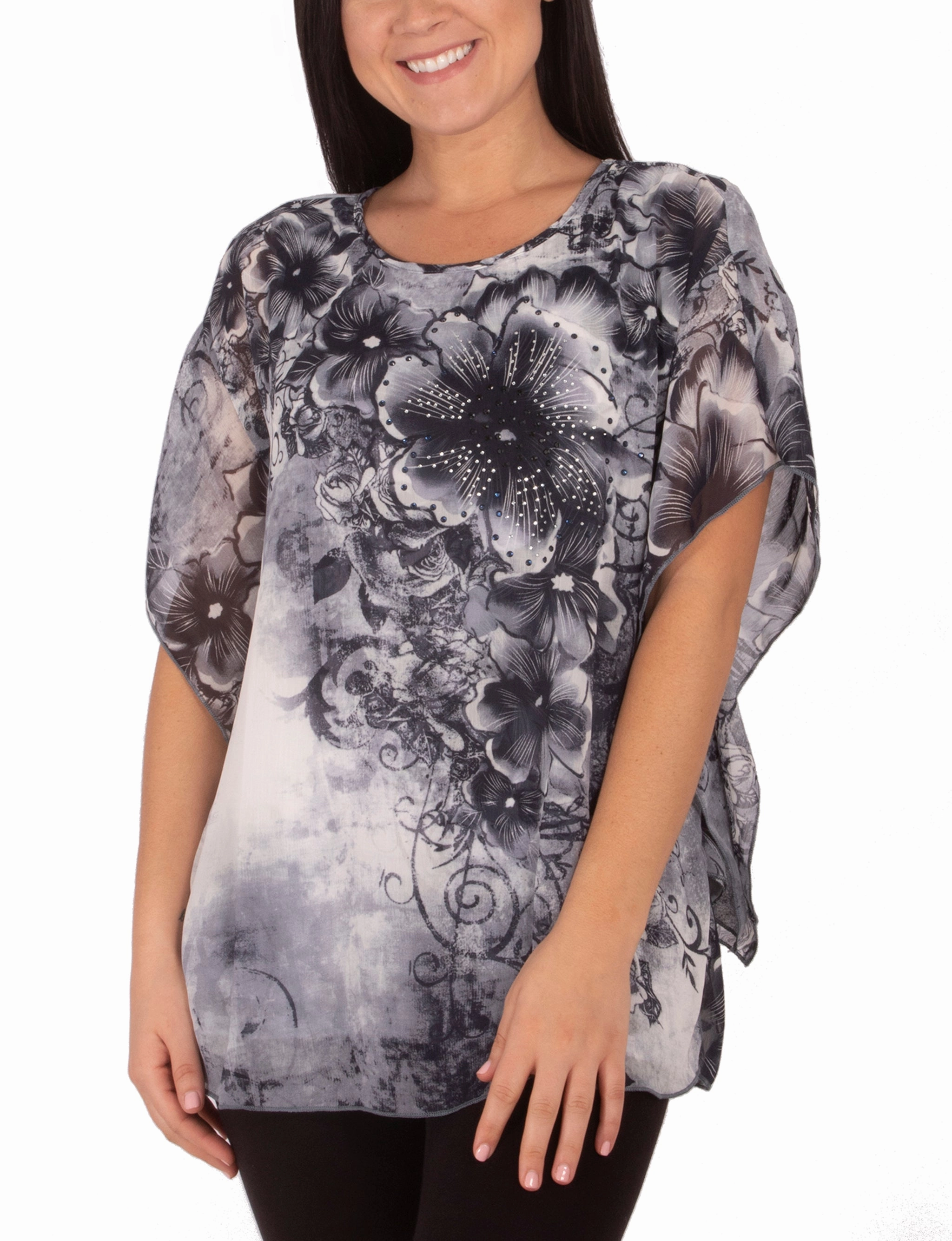 Airflow Mesh Lining Scoop Neck Poncho With Rhinestones