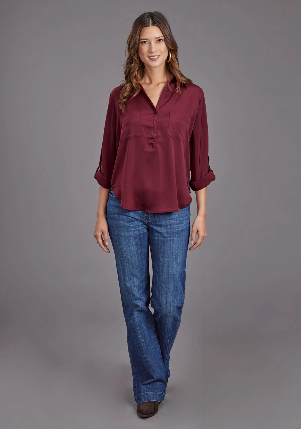 Breathable fabric Casual Comfort Stetson Womens Open V-Neck Wine 100% Polyester S/S Blouse