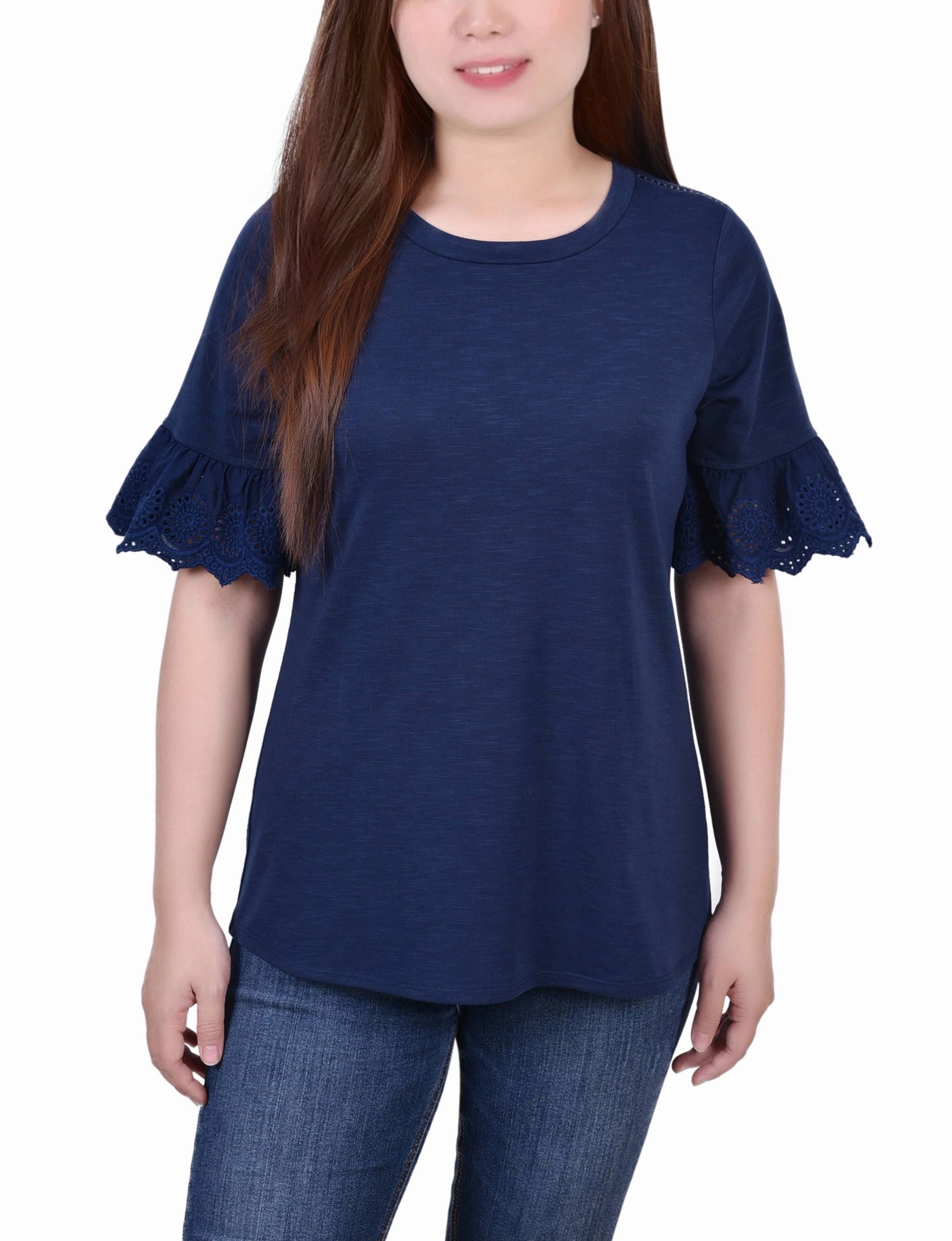 Short Bell Sleeve Slubbed Top DropShoulderConstruction RawHemDetail