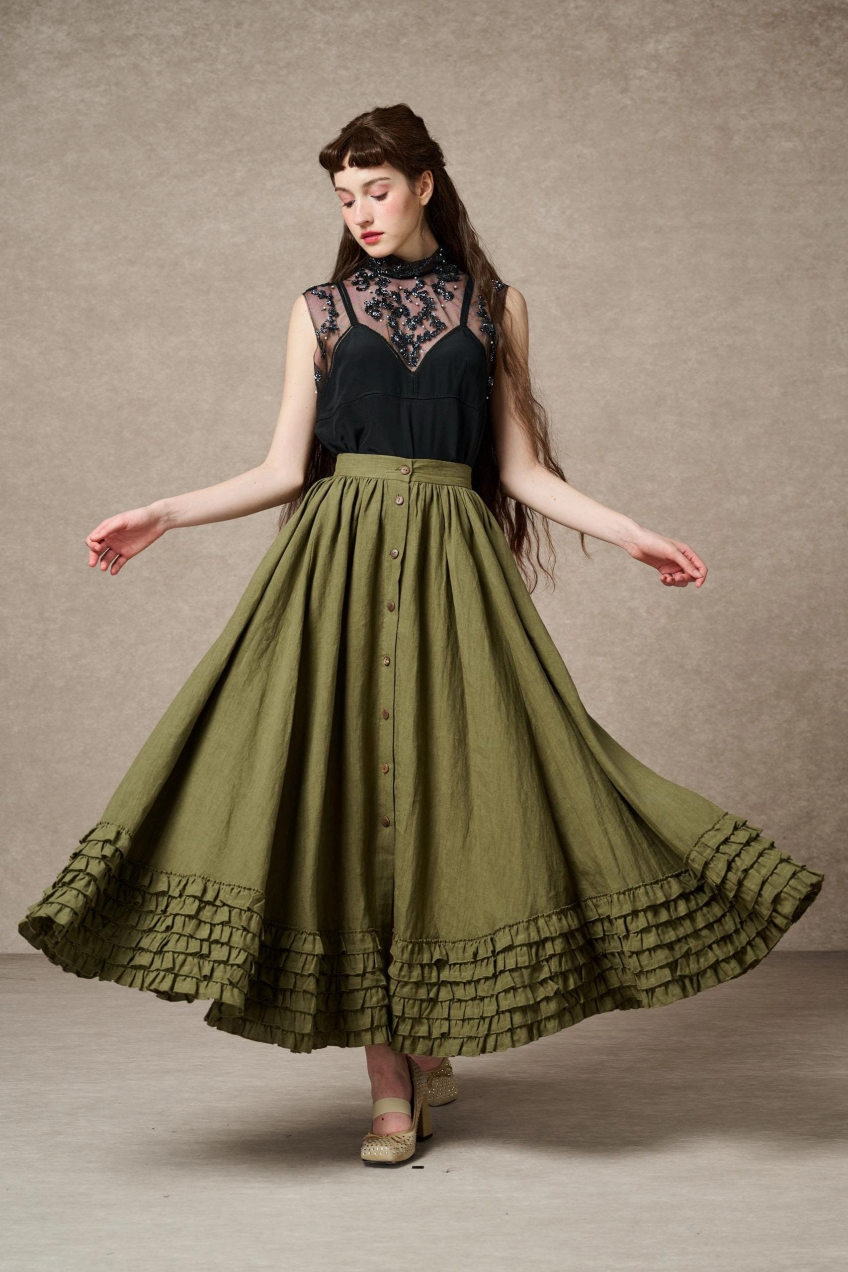 HighElastic Recovery Compact Style Dorothy 27 | Ruffled maxi linen skirt