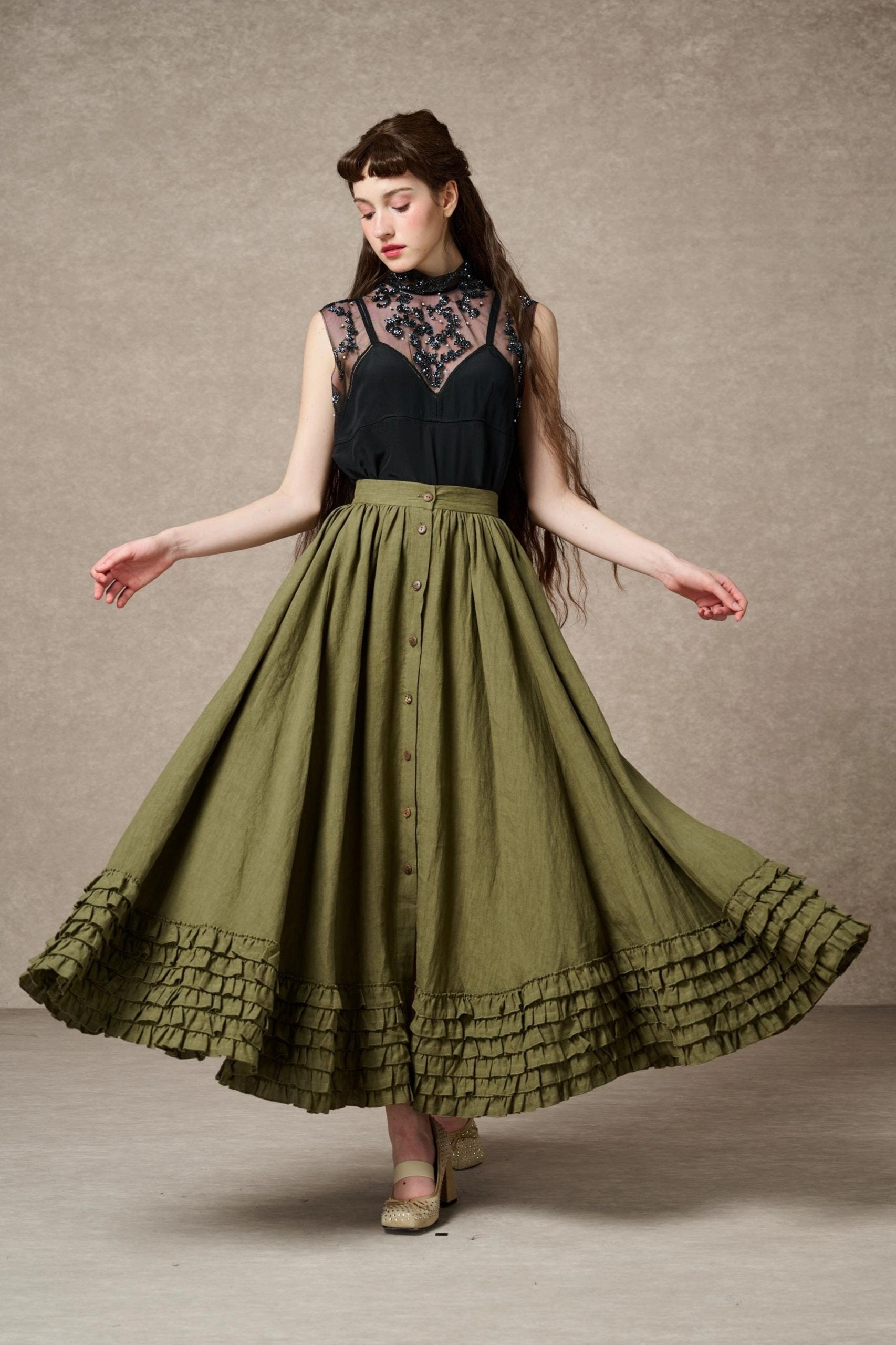 Dorothy 27 | Ruffled maxi linen skirt HighElasticity Yarn Flexible Waistband