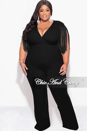 Final Sale Plus Size Fringe Shoulder Faux Wrap Jumpsuit Black Stretch Technology Reflective accents