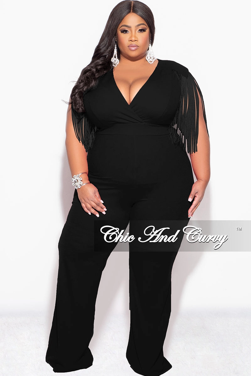 Final Sale Plus Size Fringe Shoulder Faux Wrap Jumpsuit Black AntiBacterialTreatment Airflow Ventilation System