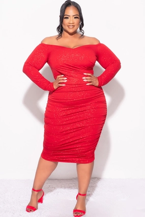 Final Sale Plus Size Shimmer Off The Shoulder Ruched BodyCon Dress in Red All Day Comfort Recycled Polyester