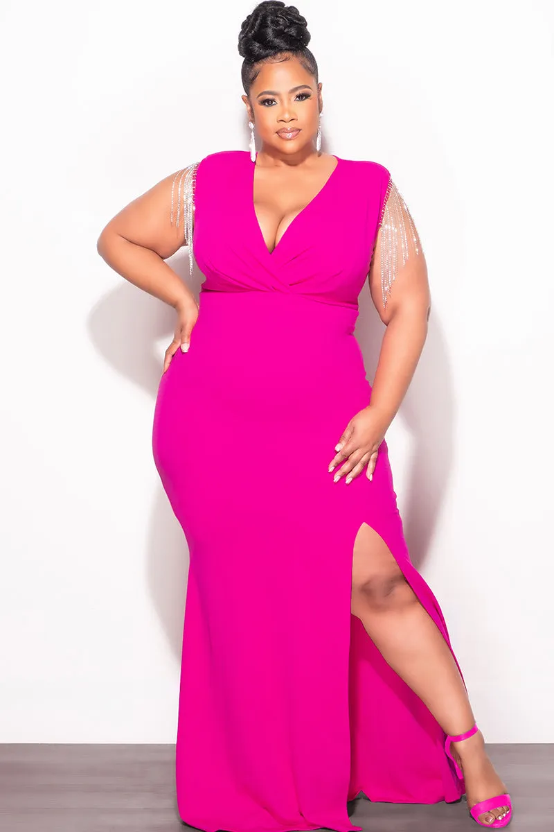 Final Sale Plus Size Faux Wrap Rhinestone Fringe Sleeve Maxi Dress in Fuchsia Elastic Cuff Comfortable Stretch