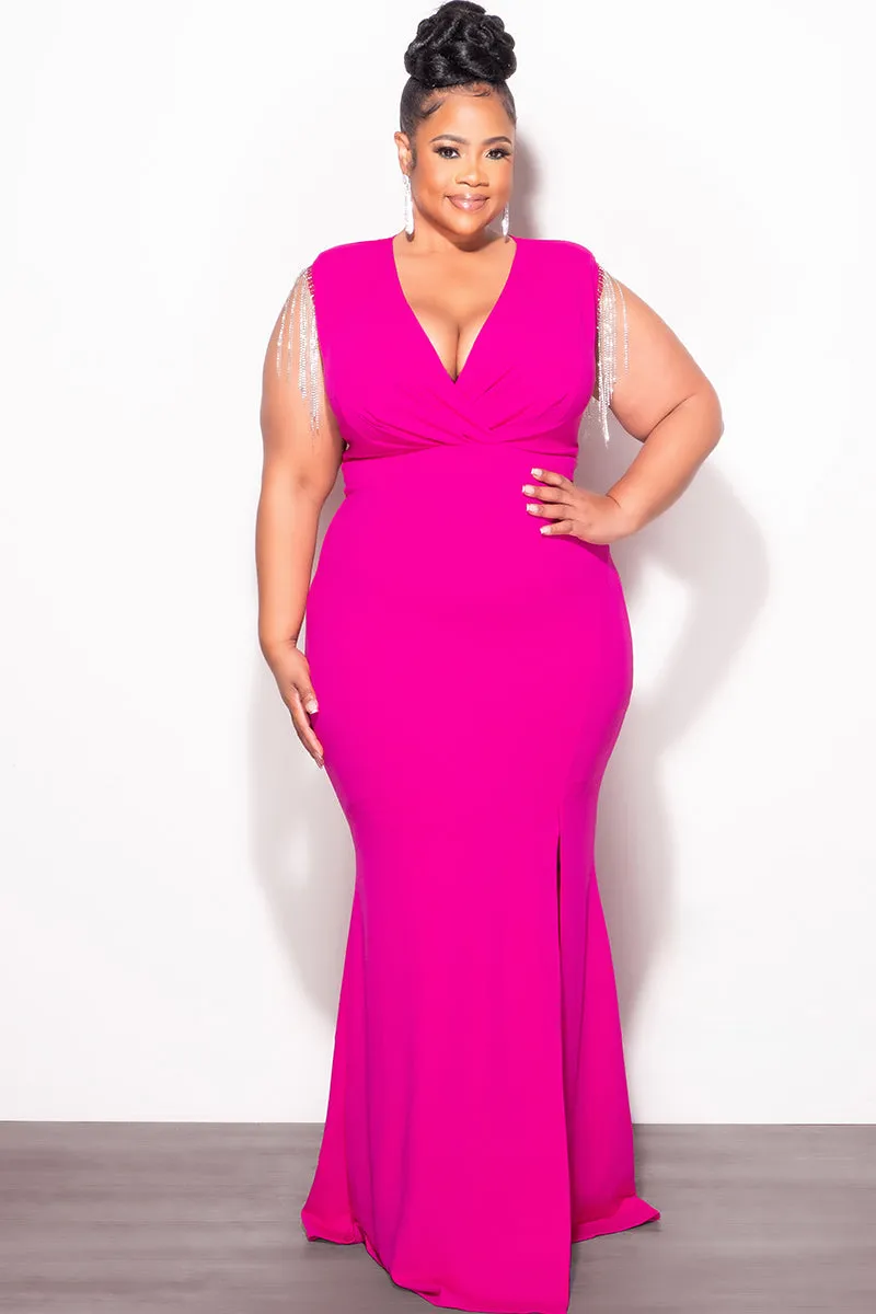 Final Sale Plus Size Faux Wrap Rhinestone Fringe Sleeve Maxi Dress in Fuchsia Multi Use