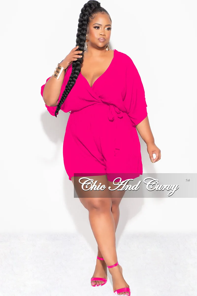 AntiSlipGrip Final Sale Plus Size Faux Wrap Romper with Tie in Fuchsia