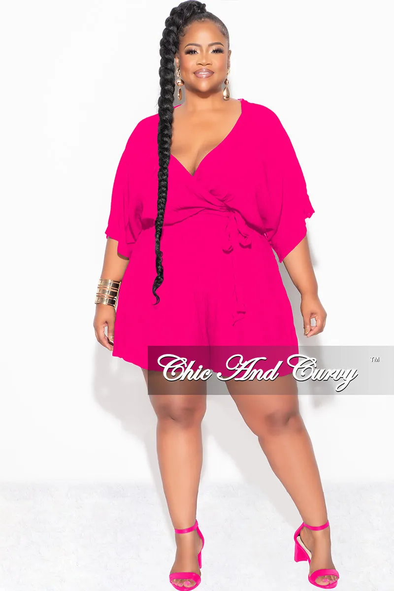 Versatile Wearable Flattering Comfort Final Sale Plus Size Faux Wrap Romper with Tie in Fuchsia